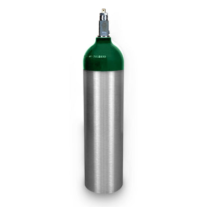 Portable Aluminum Medical Oxygen Cylinder, D Size, with CGA-870 Post Valve for Medical Use - Non-Sparking, Green Dome, Brushed Finish, 14.3 cf, Ships Empty, Prescription Required to Fill