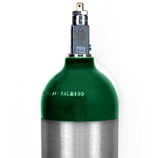 Portable Aluminum Medical Oxygen Cylinder, E Size, with CGA-870 Post Valve for Medical Use - Non-Sparking, Green Dome, Brushed Finish, 24.1 cf, Ships Empty, Prescription Required to Fill