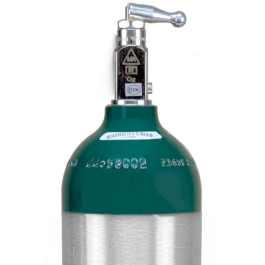 Portable Aluminum Medical Oxygen Cylinder, B (M6) Size, with CGA-870 Toggle Valve for Medical Use - Non-Sparking, Green Dome, Brushed Finish, 5.7 cf, Ships Empty, Prescription Required to Fill