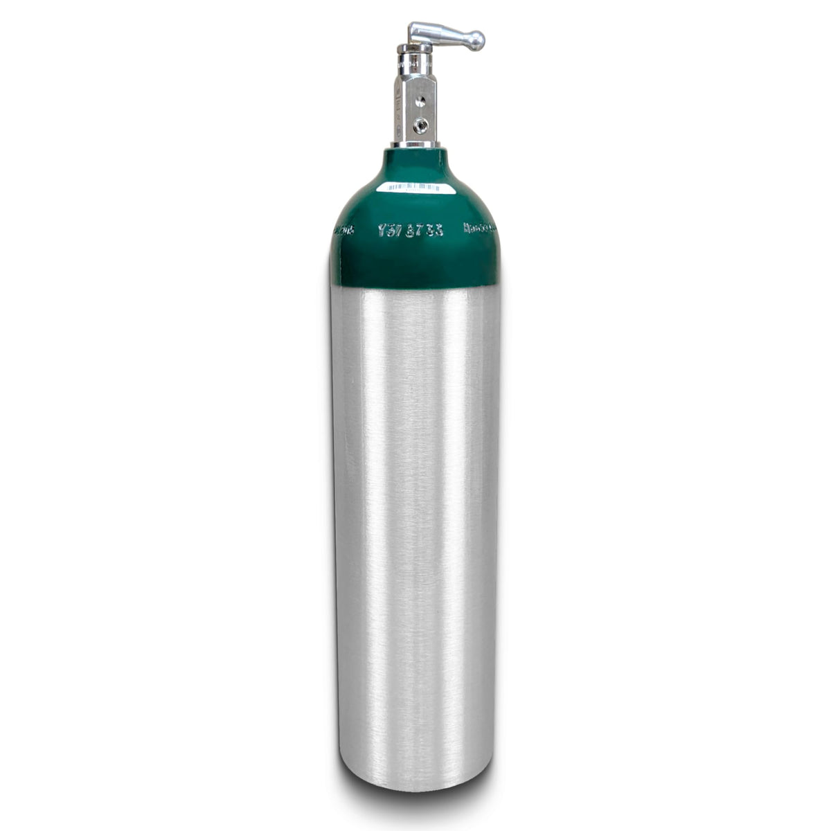 Portable Aluminum Medical Oxygen Cylinder, D Size, with CGA-870 Toggle Valve for Medical Use - Non-Sparking, Green Dome, Brushed Finish, 14.3 cf, Ships Empty, Prescription Required to Fill