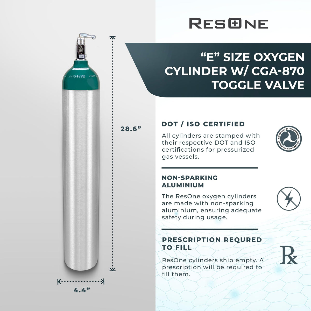 Portable Aluminum Medical Oxygen Cylinder, E Size, with CGA-870 Toggle Valve for Medical Use - Non-Sparking, Green Dome, Brushed Finish, 24.1 cf, Ships Empty, Prescription Required to Fill (3)