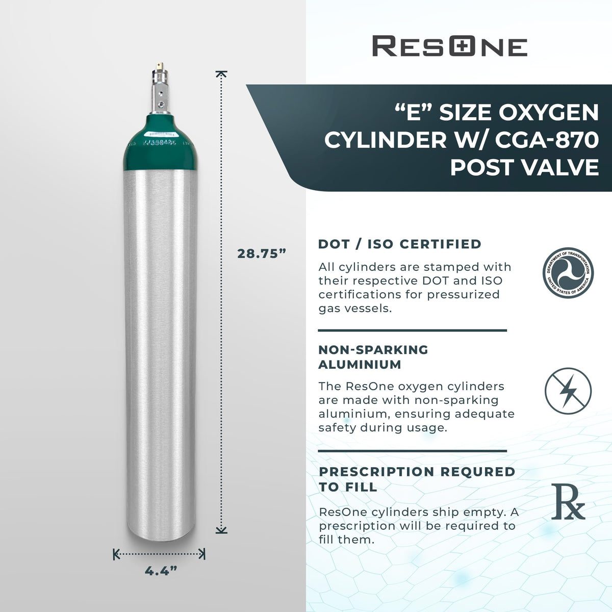 Portable Aluminum Medical Oxygen Cylinder, E Size, with CGA-870 Post Valve for Medical Use - Non-Sparking, Green Dome, Brushed Finish, 24.1 cf, Ships Empty, Prescription Required to Fill (3)
