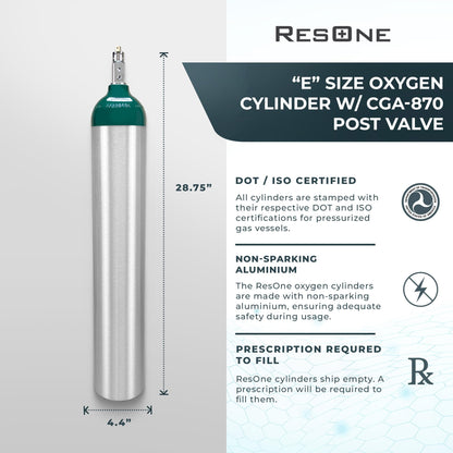 Portable Aluminum Medical Oxygen Cylinder, E Size, with CGA-870 Post Valve for Medical Use - Non-Sparking, Green Dome, Brushed Finish, 24.1 cf, Ships Empty, Prescription Required to Fill (3)