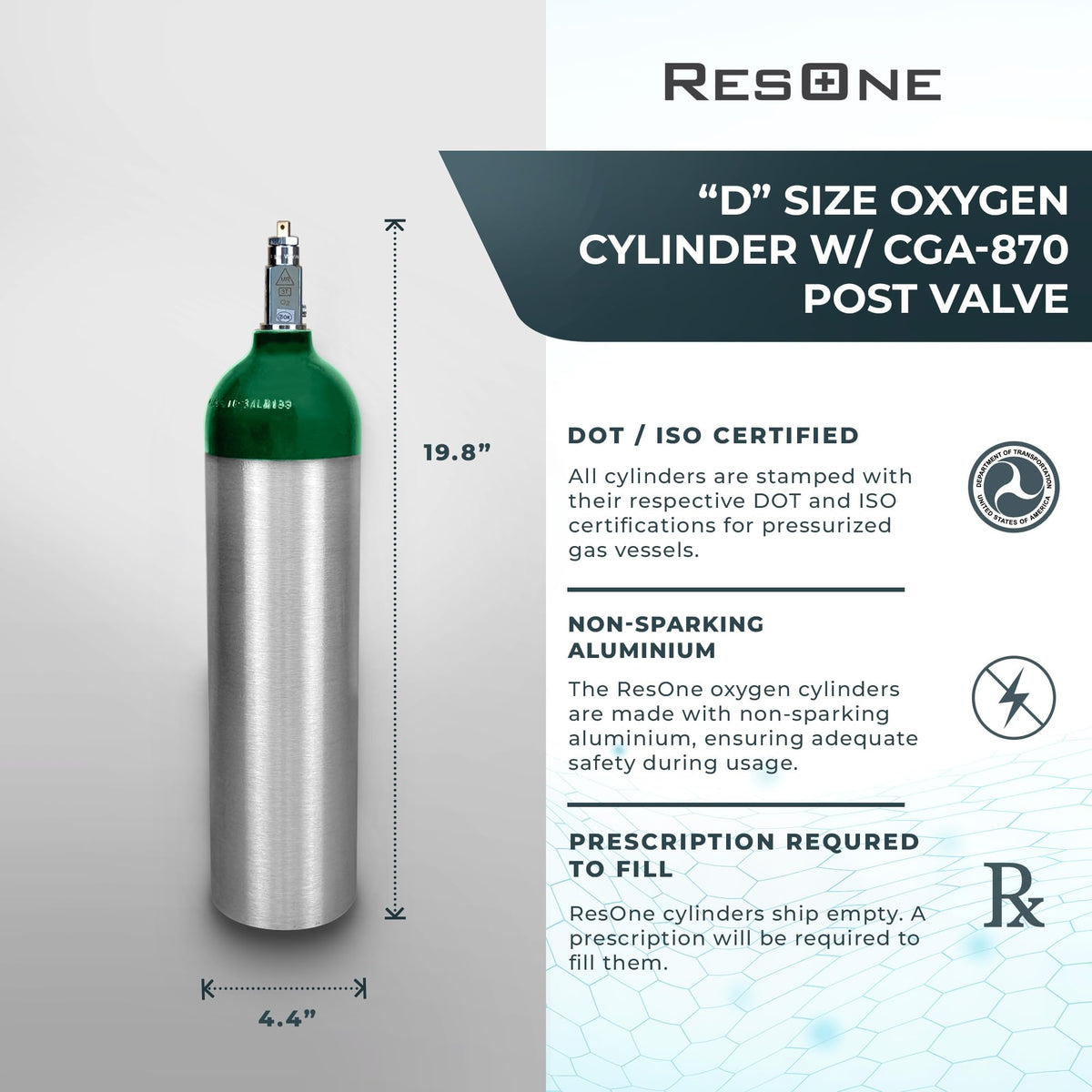 Portable Aluminum Medical Oxygen Cylinder, D Size, with CGA-870 Post Valve for Medical Use - Non-Sparking, Green Dome, Brushed Finish, 14.3 cf, Ships Empty, Prescription Required to Fill (2)
