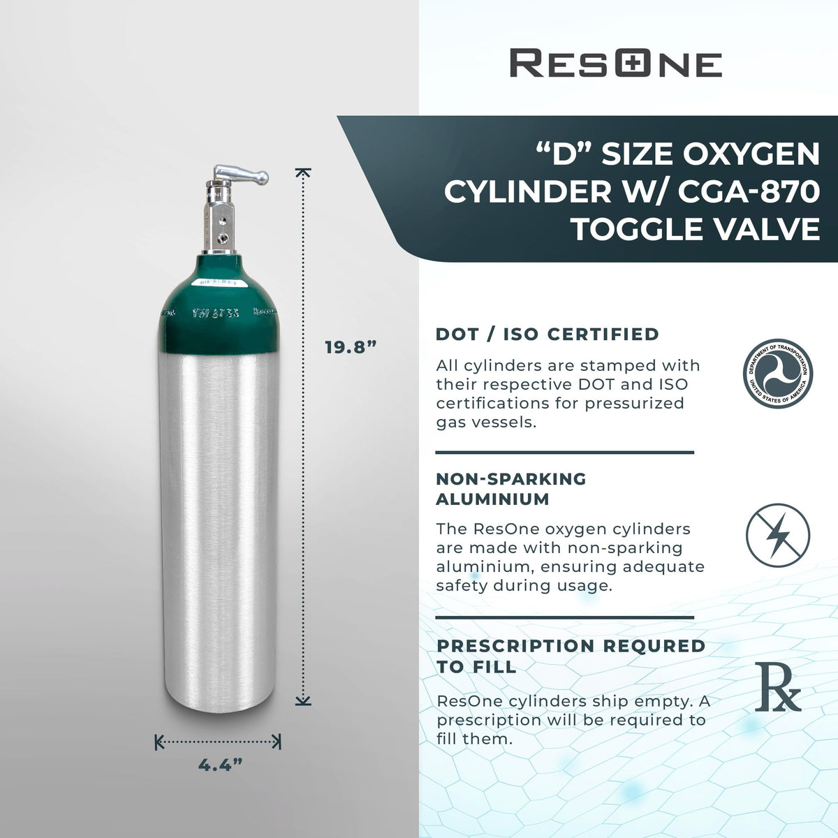 Portable Aluminum Medical Oxygen Cylinder, D Size, with CGA-870 Toggle Valve for Medical Use - Non-Sparking, Green Dome, Brushed Finish, 14.3 cf, Ships Empty, Prescription Required to Fill