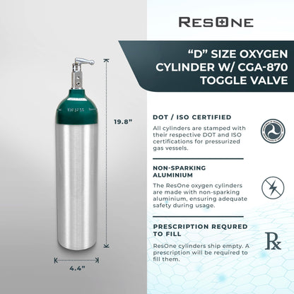 Portable Aluminum Medical Oxygen Cylinder, D Size, with CGA-870 Toggle Valve for Medical Use - Non-Sparking, Green Dome, Brushed Finish, 14.3 cf, Ships Empty, Prescription Required to Fill