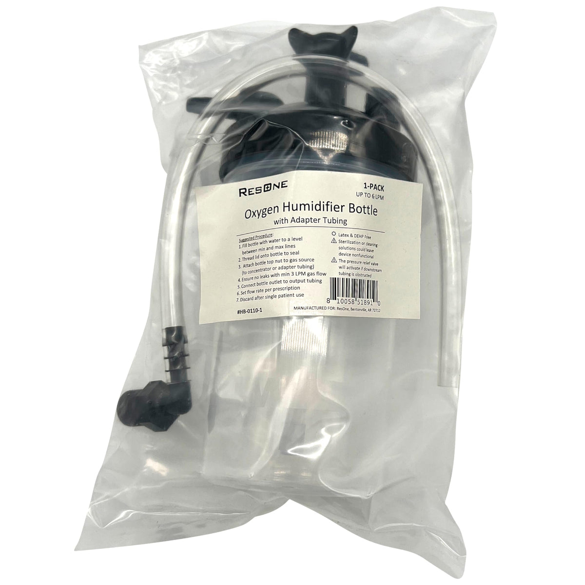 Oxygen Therapy Humidifier Bottle, 350ml w/Pressure Relief Valve & 12" Adapter Tubing